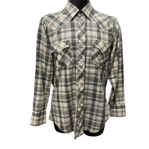 Vintage‎ ATB Authentic Western Shirt Men’s Size 15 32/33” Gray Plaid Pearl Snap